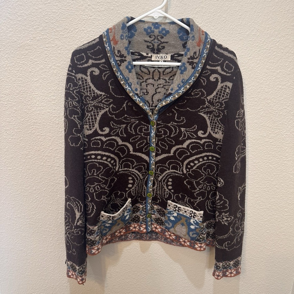 IVKO Brown Jacquard Floral Knit Cardigan Jacket Wool Sweater Ornament Motif 38 S